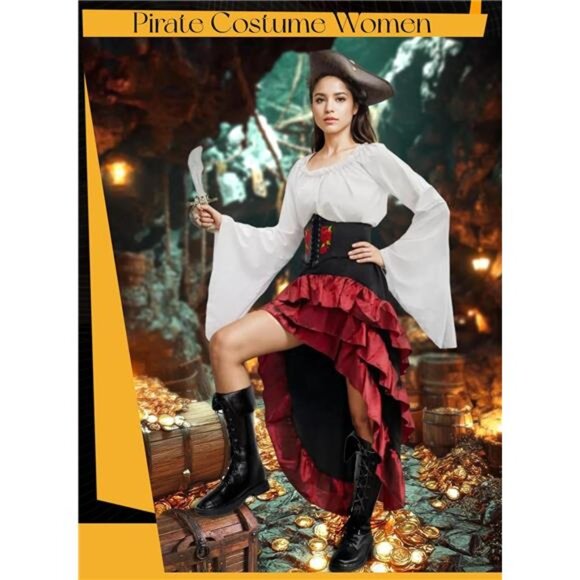 Pirate Costume Women Outfit with Renaissance Pirate Shirt Skirt Corset - Picture 3 of 7